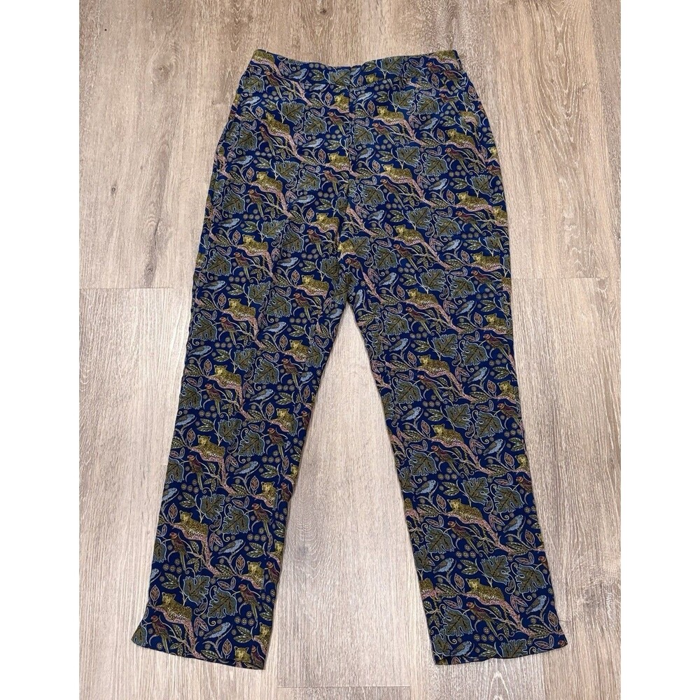 J Crew Easy Pant Womens 8 Blue Botanical Cheetah Leopard Silk Pockets NEW